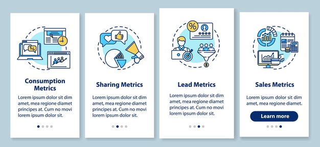 Análisis de eficiencia de la estrategia smm que incorpora la pantalla de la página de la aplicación móvil con conceptos. tutorial de métricas de consumo instrucciones gráficas de 4 pasos. plantilla de vector de interfaz de usuario con ilustraciones en color rgb