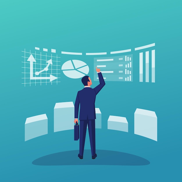 Análisis empresarial gráfico de empresario del lugar de trabajo en pantalla grande estrategia y planificación examen de auditoría del informe financiero investigación contable diseño plano vectorial datos e inversiones