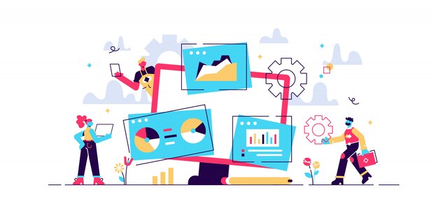 Análisis de estadísticas de mercado, desarrollo de estrategias de marketing. Investigación de negocios. Identifique las necesidades comerciales, determine las soluciones, el concepto de problemas comerciales de TI. Ilustración creativa concepto aislado
