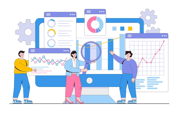 Análisis estadístico y de datos plano para finanzas empresariales con equipo que trabaja en el concepto de panel de control de gráfico de monitor Ilustración de vector mínimo de estilo de diseño de esquema