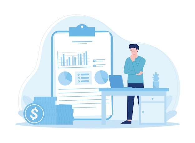 Análisis de gráficos de crecimiento estadístico de negocios un empleado en un escritorio de oficina concepto ilustración plana