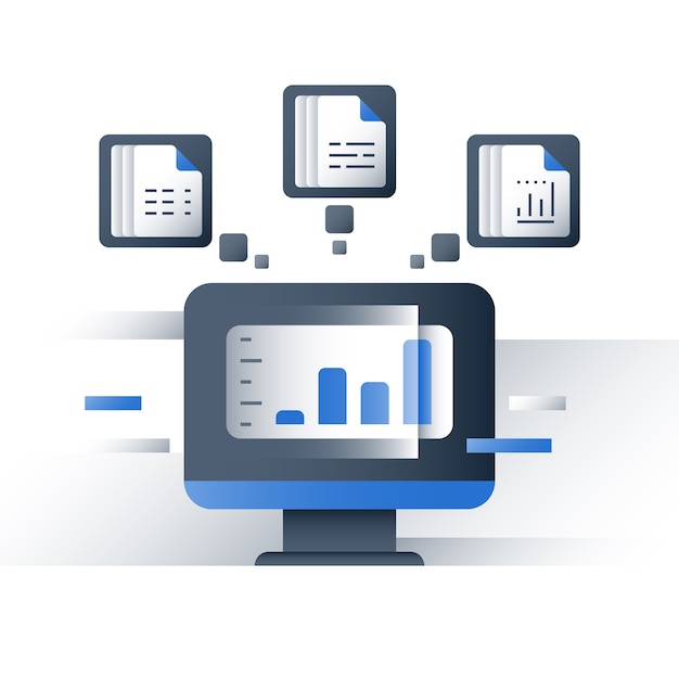 Análisis de grandes datos, recopilación y procesamiento de información, gráfico de informes, servidor de datos, tecnología empresarial, icono, ilustración plana