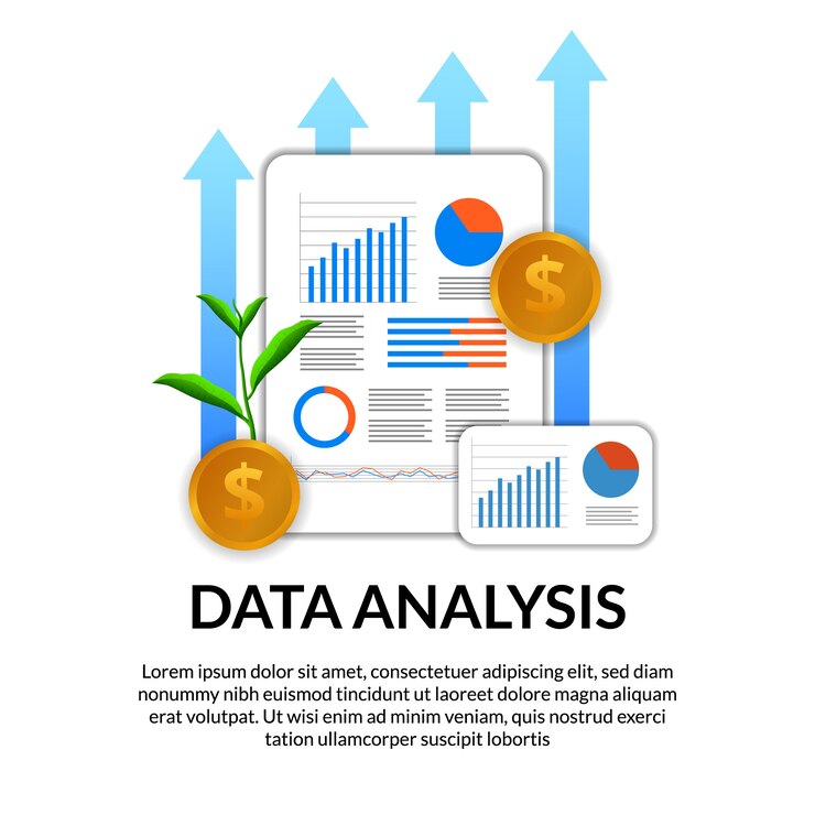 Vector análisis de informe de datos financieros con tabla, gráfico, flecha, estadística, con moneda de oro de ilustración