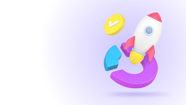Análisis de inicio de negocio planificación éxito desarrollo cohete y diagrama icono 3d vector realista