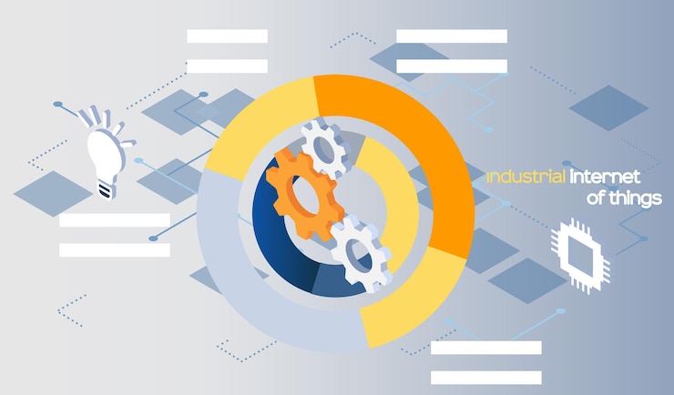 Vector análisis inteligente internet industrial de las cosas gráfico circular dividido en sectores con signo de engranaje