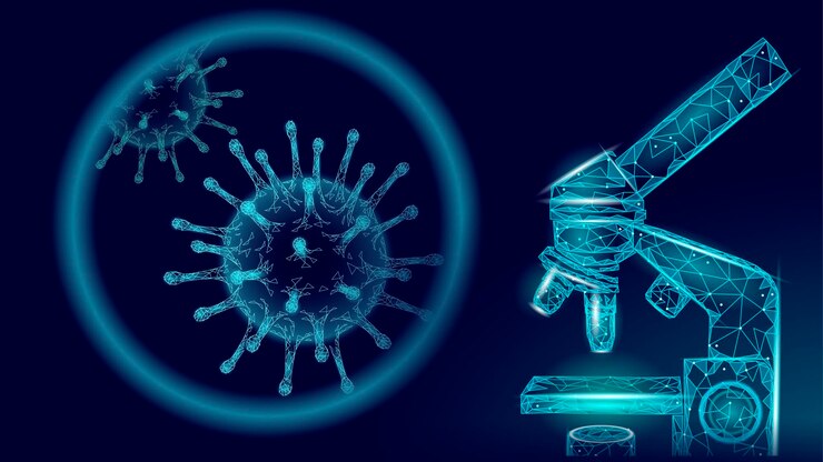 Vector análisis de laboratorio por microscopio de virus 3d de baja polimerización infección virus de la gripe neumonía