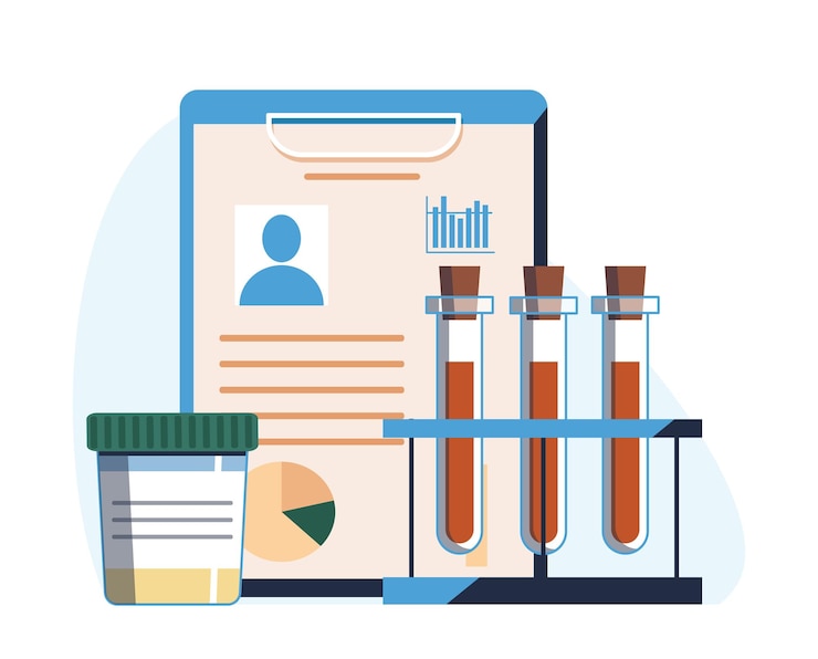 Vector análisis de laboratorio de sangre en tubos de ensayo y análisis de orina, lista con datos de resultados.