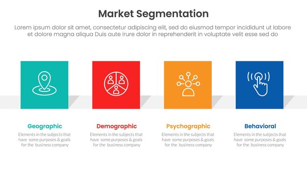 análisis del marco de segmentación del mercado infográfico plantilla de etapa de 4 puntos con forma de rectángulo cuadrado horizontal para la presentación de diapositivas