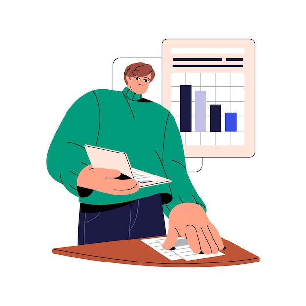 Análisis de marketing Gráficos diagramas gráficos con datos de indicadores financieros Analista profesional recopila informes estadísticos documentos en carpeta Ilustración vectorial aislada plana sobre fondo blanco