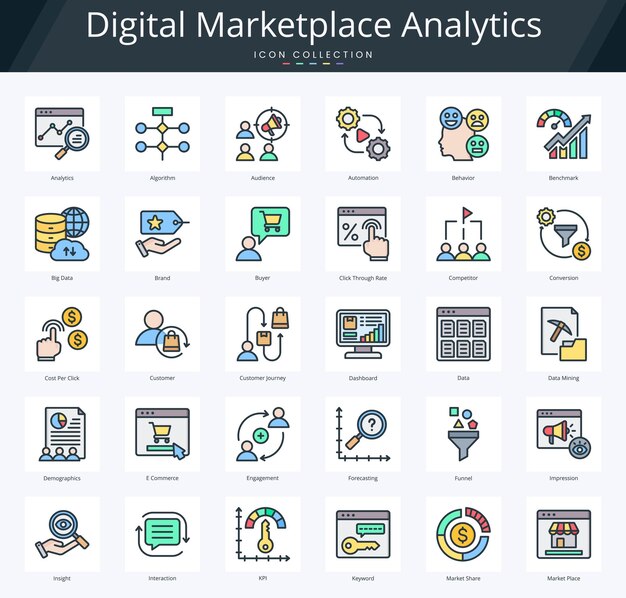 Análisis de mercado digital paquete de iconos de contorno plano para análisis predictivo y gestión de bases de datos