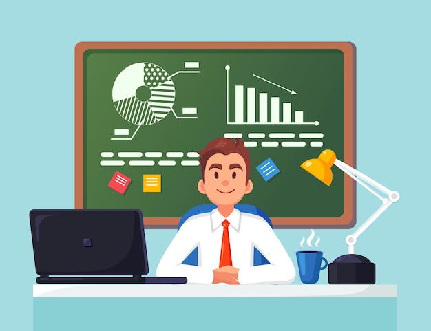 Análisis de negocios, analítica de datos. Hombre que trabaja en el escritorio. Gráfico, tablas, diagrama en pizarra