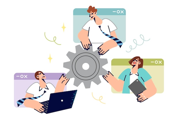Análisis de negocios de un equipo de empleados mirando por las ventanas de la computadora y sosteniendo el equipo