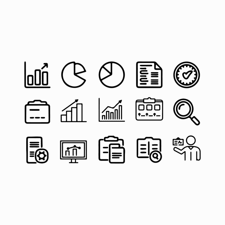 Análisis de negocios y gestión de datos Icon Set Charts Informes y seguimiento de rendimiento