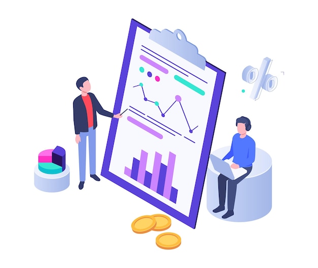 Análisis de negocios isométrico con gráficos y gráficos Vector de ilustración de análisis gráfico de datos de gráficos de negocios