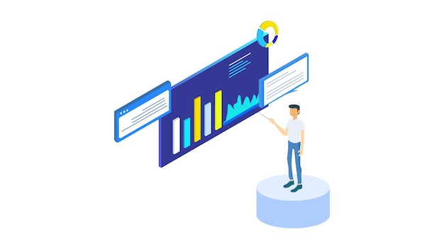 Análisis de negocios isométricos y concepto de visualización de datos de tecnología financiera Isométrico
