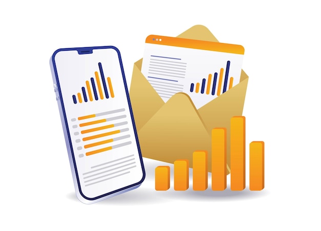 Análisis de negocios de marketing por correo electrónico concepto de ilustración infográfica con teléfono inteligente