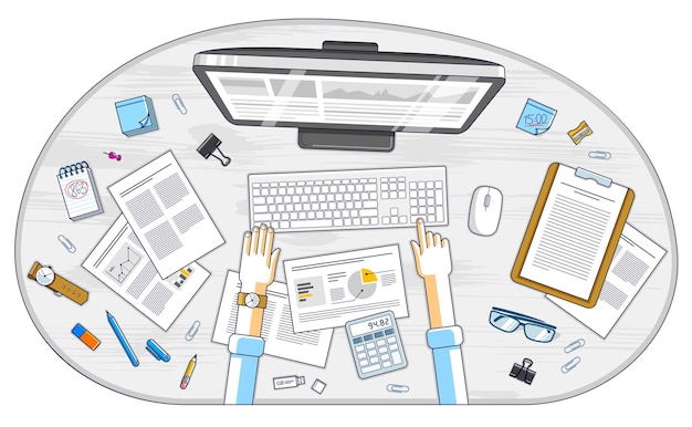 Análisis de negocios, oficinista o empresario empresario trabajando en una computadora PC y papeles con análisis financiero, vista superior de la mesa de trabajo con material de oficina y documentos y manos. Vector.