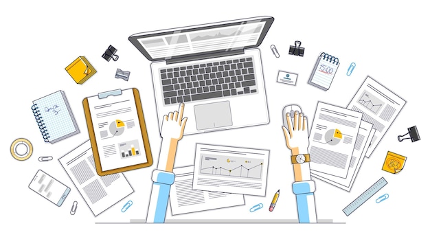 Análisis de negocios, oficinista o empresario empresario trabajando en una computadora portátil y papeles con análisis financiero, vista superior de la mesa de trabajo con material de oficina y documentos y manos. Vector.