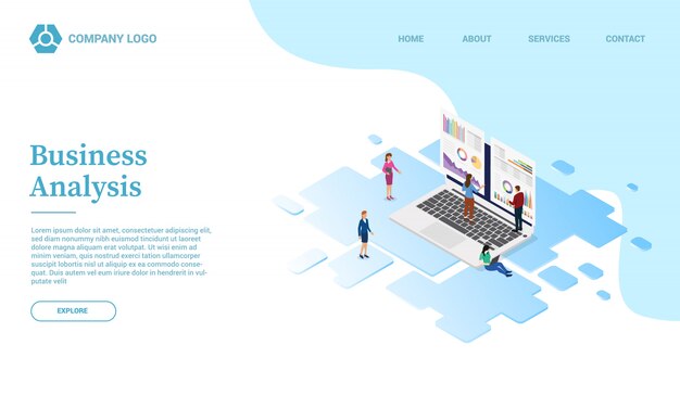 Análisis de negocios con plantilla de sitio web de gráficos y tablas o página de inicio con estilo isométrico