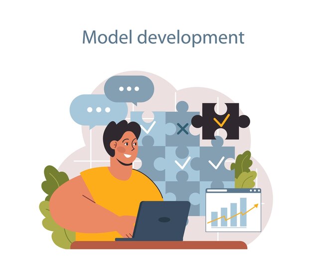 Análisis predictivo Proceso de uso y procesamiento de datos para pronosticar resultados futuros Desarrollo de ideas o decisiones de negocio Carácter desarrollando un modelo Ilustración de vector plano