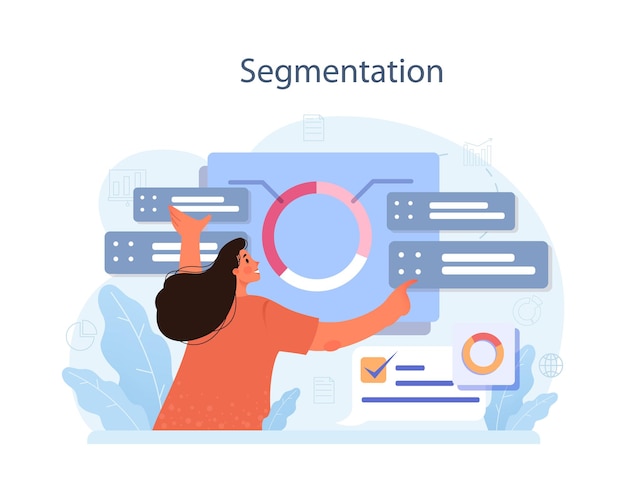 Análisis predictivo Proceso de uso y procesamiento de datos para pronosticar resultados futuros Desarrollo de ideas o decisiones de negocio Segmentación Ilustración de vector plano