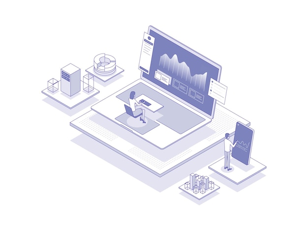 Análisis de productos Ilustración isométrica Color lineal Adecuado para aplicaciones móviles Sitio web Banner Diagramas Presentación y otros activos gráficos