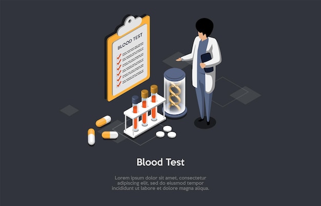 Análisis de sangre Medicina y cuidado de la salud Enfermera de personaje femenino en bata blanca Tomando muestra de sangre para composición de prueba Tubo de ensayo con sangre y medicina en laboratorio Isométrico 3d Vector Ilustración