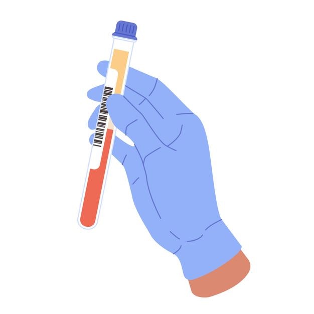 Análisis de sangre con un tubo de ensayo en la mano con sangre en fondo blanco