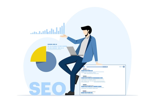 Análisis de SEO Ilustración del concepto con gráfico de optimización de SEO subiendo y flecha grande apuntando hacia arriba