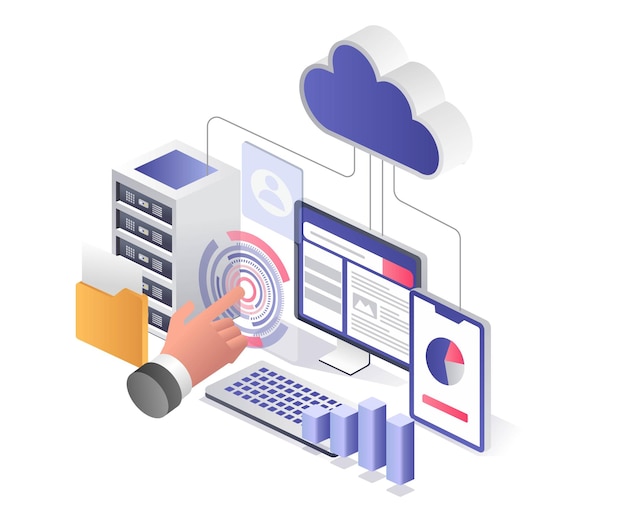 Análisis de servidor de nube de desarrollador web de control de concepto de ilustración isométrica plana