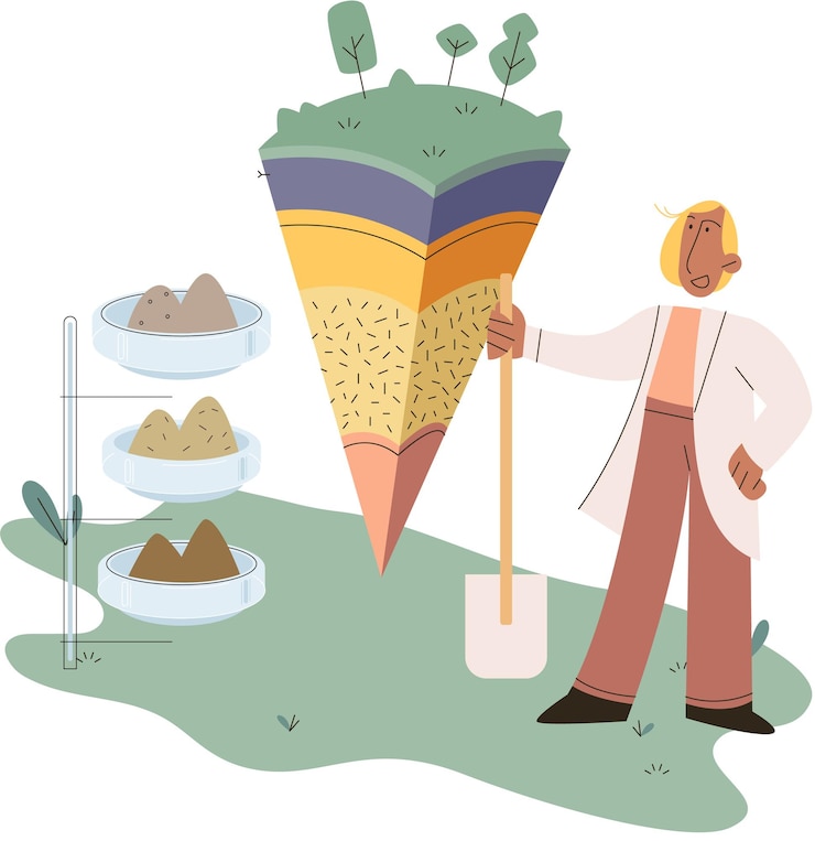 Vector análisis del suelo y control de la contaminación o estructura del suelo investigación de la composición de nutrientes y microorganismos con muestras de la estructura de la capa del suelo prueba de laboratorio del suelo científico que mide el estado de los niveles