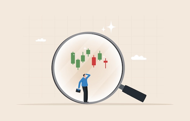 Análisis técnico del mercado de valores Transición entre tendencias ascendentes y descendentes patrones de precios con señales Los inversores usan lupas para analizar gráficos de inversión