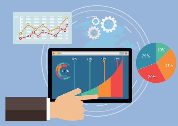 Análisis de las tendencias del mercado en una tableta con gráficos y gráficos de líneas diseño de una infografía estadística en la pantalla concepto de tecnología móvil ilustración vectorial