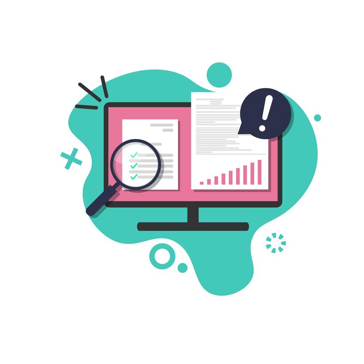 Vector analista de negocios o auditor haciendo informe de gráficos de crecimiento de datos de ventas en vector de computadora