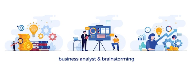 Vector analista de negocios y tablero analítico de datos de lluvia de ideas e informe de finanzas comerciales concepto de inversión de finanzas comerciales equipo de análisis de datos vector plano analítico de negocios