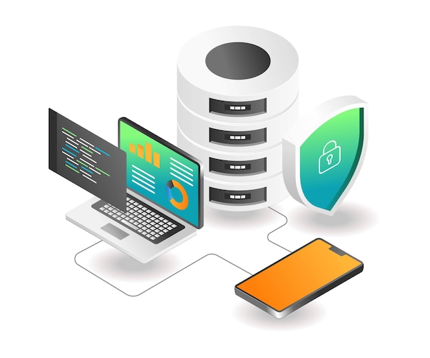 Analista de seguridad de base de datos de ilustración de concepto isométrico plano