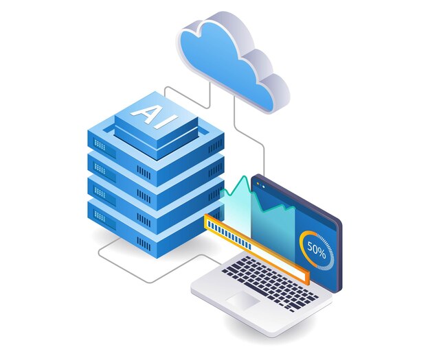 Analista de servidor en la nube de IA infográfico Ilustración 3D isométrica plana