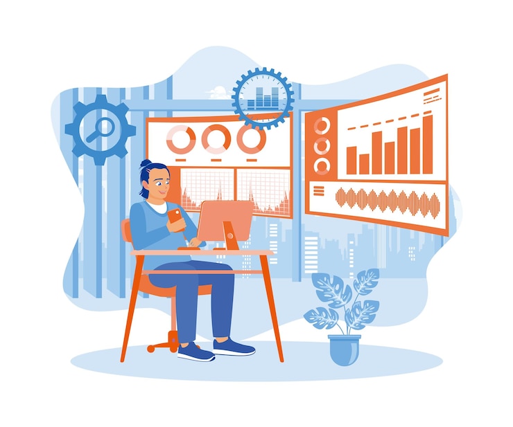 Vector un analista utiliza una computadora de doble pantalla analiza los datos comerciales y la gestión de datos con kpi
