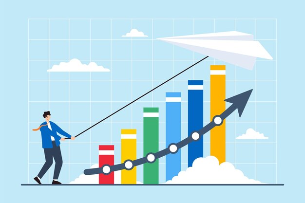 Analistas de negocios volando aviones de papel con gráficos financieros estrategias innovadoras estratégicas