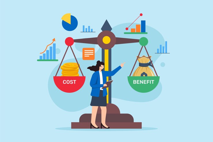 Vector analistas que ponderan el costo y el beneficio en la escala de balance análisis financiero que evalúa