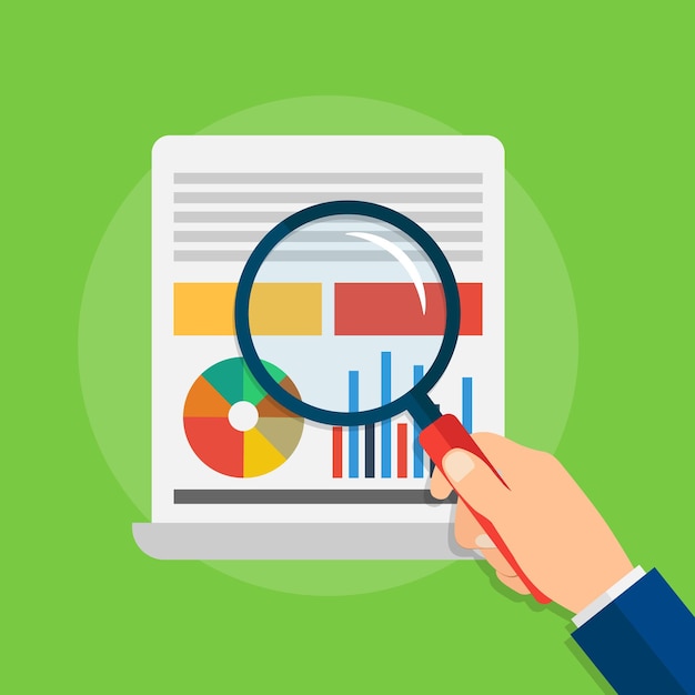 Analítica y análisis de datos con gráficos y tablas. Mano que sostiene la lupa. Ilustración de vector de un estilo plano sobre un fondo verde. EPS 10