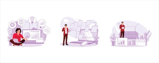 Analizar informes con tecnología gráfica de realidad aumentada digital Empresario creando flujo de trabajo