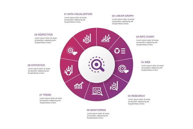 Analytics Infografía diseño de círculo de 10 pasos.Gráfico lineal, investigación web, tendencia, seguimiento de iconos simples