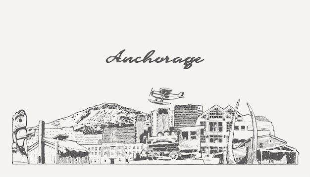 Anchorage, alaska, ee.uu., ilustración vectorial dibujada a mano, boceto