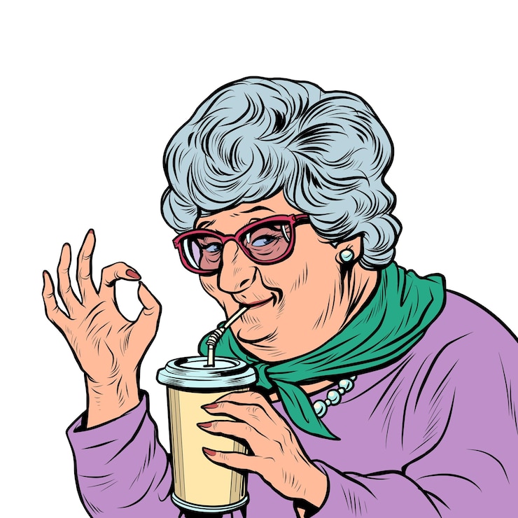 Vector anciana abuela bebe una bebida de coca cola gesto ok