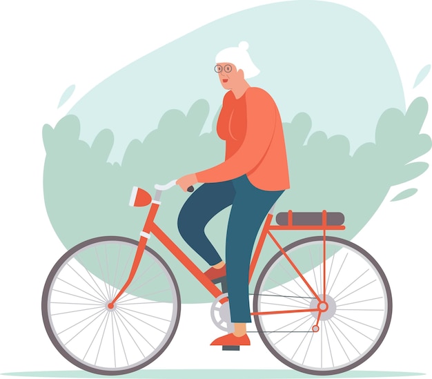 Anciana andar en bicicleta en el parque concepto de jubilación activa