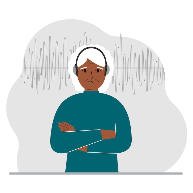 Anciana en auriculares y una pista de sonido Concepto de podcast en línea radio libros en línea aprendizaje en línea y música Vector ilustración plana