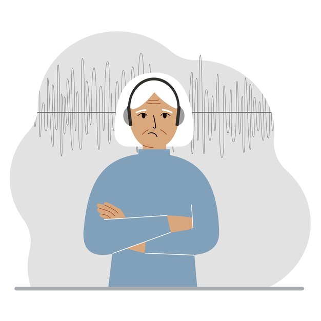 Anciana en auriculares y una pista de sonido Concepto de podcast en línea radio libros en línea aprendizaje en línea y música Vector ilustración plana