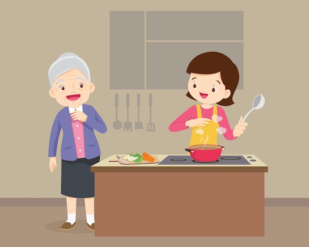 Vector anciana busca mujer cocinando en la cocina
