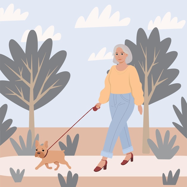 Anciana camina con su perro en el parque Ilustración vectorial de dibujos animados de una persona femenina